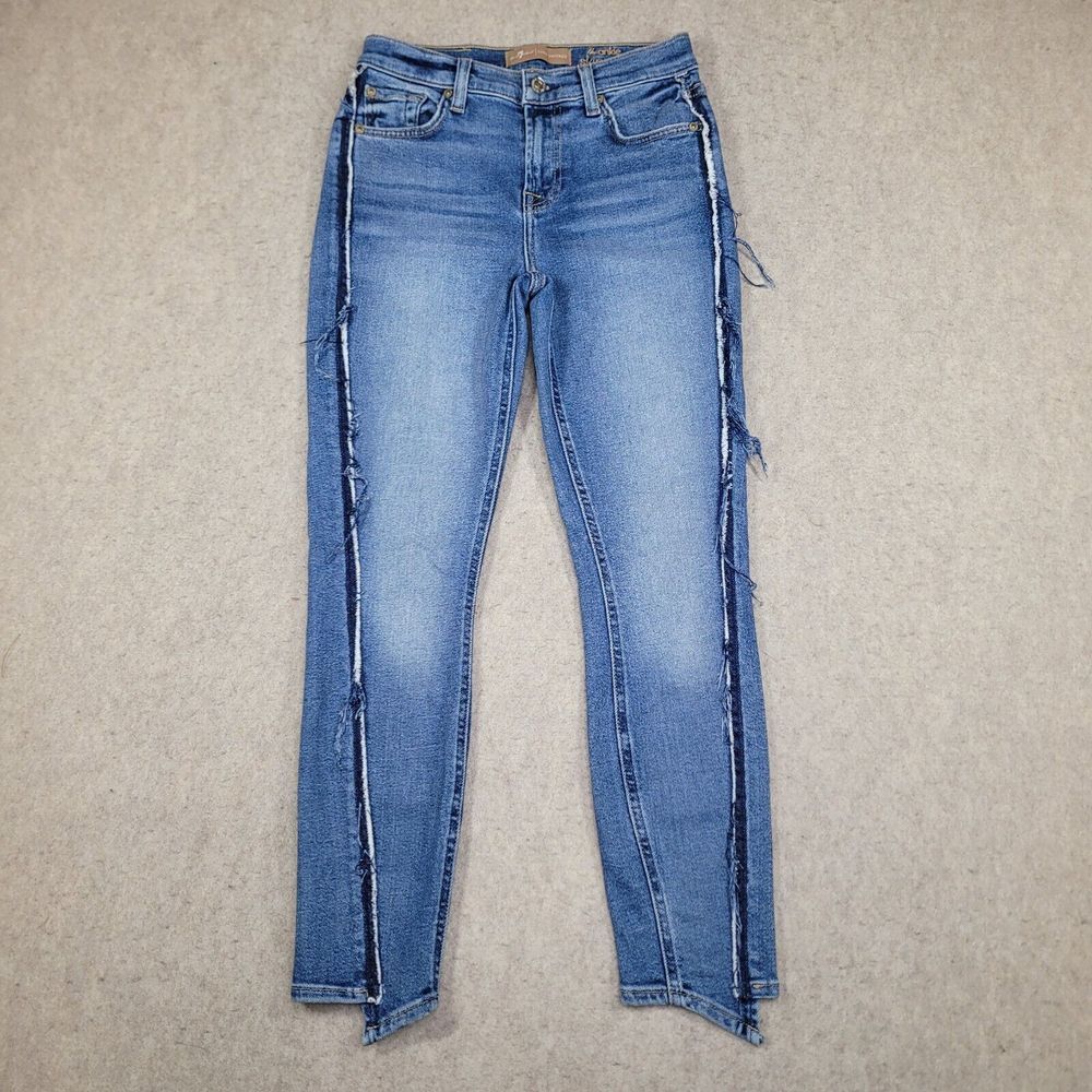 7 For All Mankind Blue Denim Ankle Frayed Side-Stripe Jeans